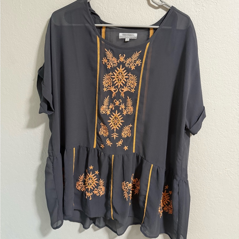 World Market Charcoal Embroidered Peplum Blouse Short Sleeve L/XL